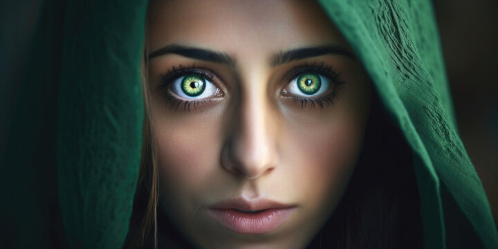 Close-up portrait of woman in green burqa. Horizontal banner. Tanned Muslim woman with green eyes looks at camera on black background. Concept of belief in God, Arab world, Palestine