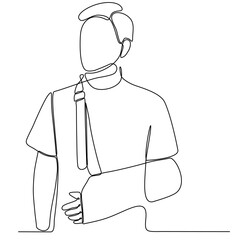 One line drawing of man with broken arm wearing arm splint isolated on white background vector illustration