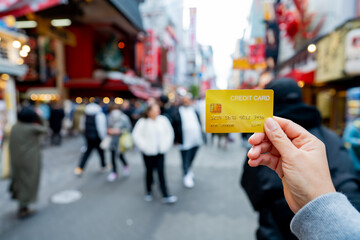 Tourist woman showing credit card or travel card for convenient travel Make shopping easy enjoy...