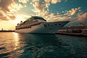 Cruise liner in port at sunset