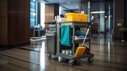 Professional janitorial cart stocked with cleaning supplies in corporate office setting - obrazy, fototapety, plakaty