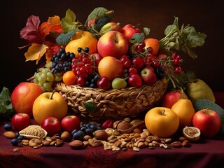 Obraz na płótnie Canvas basket of fruits, vegetables and greens symbolizing abundance and prosperity