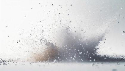 Flying white sand, powder, dust, white background closeup