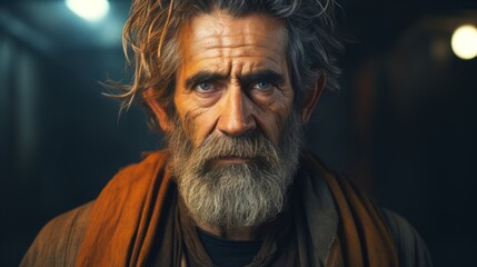Obraz premium Photorealistic Old Persian Man with Brown Straight Hair Futuristic Illustration. Portrait of a person in cyberpunk style. Cyberspace Ai Generated Horizontal Illustration.