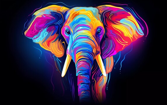 elephant illustration in abstract, rainbow ultra-bright neon artistic portrait graphic highlighter lines on minimalist background. generative ai