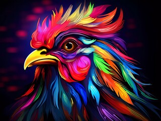 illustration of rooster in abstract, rainbow ultra-bright neon artistic portrait graphic highlighter lines on minimalist background. generative ai
