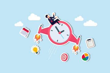 Improve productivity or efficiency, time management to finish within deadline, performance improvement or success concept, businessman riding fast flying clock with jetpack increasing productivity.