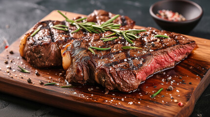 Juicy ribeye steak, grilled to perfection, with charred edges, served on a wooden cutting board