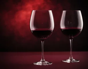 Fotobehang Red wine in a glass on a dark red and black background. Wine glasses. A romantic drink for a party, liquor store or wine tasting. Copy space © Pink Zebra
