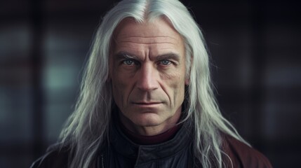 Photorealistic Old White Man with Blond Straight Hair Futuristic Illustration. Portrait of a person in cyberpunk style. Cyberspace Ai Generated Horizontal Illustration.