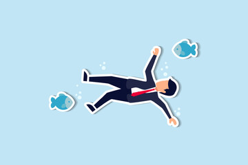 Business failure, financial debt problem and bankruptcy, career struggle or unemployment concept, helpless businessman drowning or sinking into the bottom of ocean.