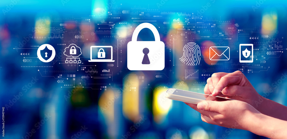 Poster internet network security concept with person using a smartphone in a city at night