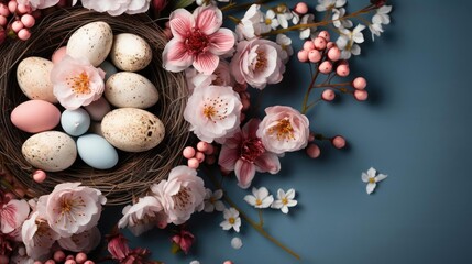 Obraz premium Easter day background with egg ornaments, flowers and minimalist background colors