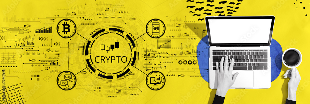 Poster crypto trading theme with person using a laptop computer