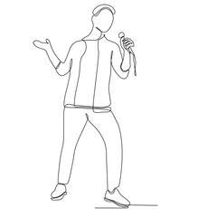 Single line drawing of happy young male pop singer holding microphone and singing on music concert stage. Trendy musician artist performance concept vector illustration one line draw design