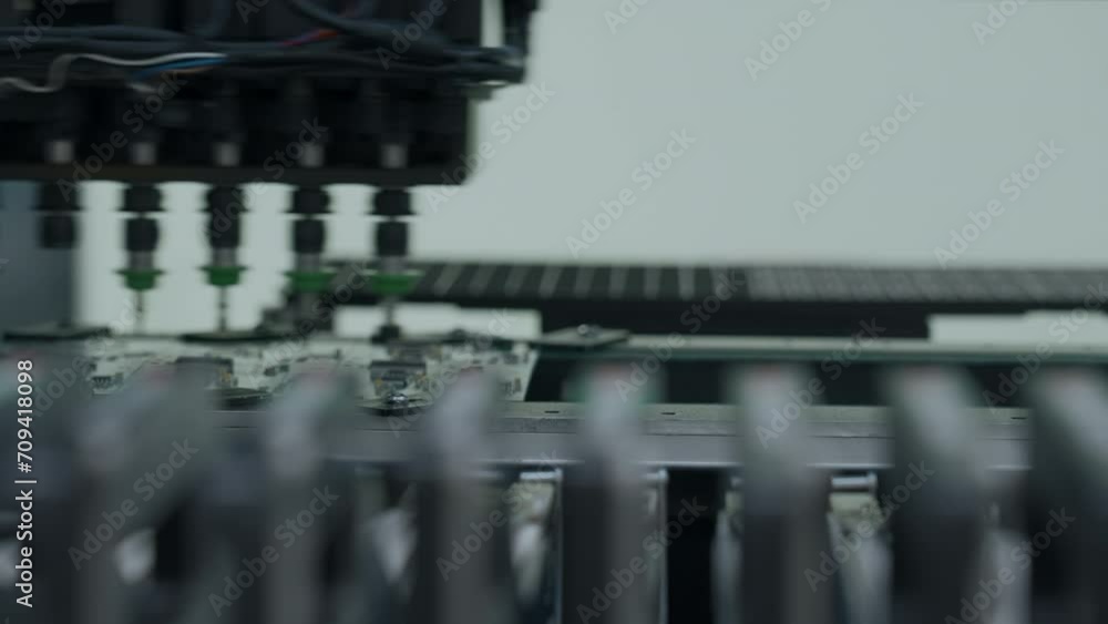 Poster pcb processing on cnc machine production of electronic components at high tech factory. creative. mi