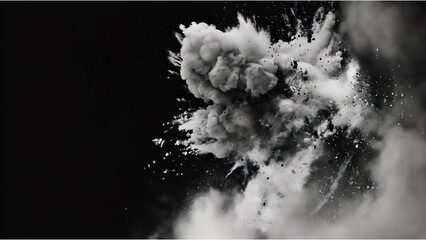 An explosion is depicted with intense white and gray smoke and debris scattering against a black background.