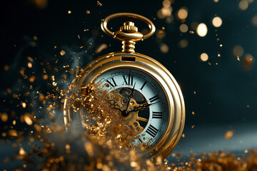 Golden pocket watch mid-explosion, with gears visible and particles scattered around, set against a dark background with glowing bokeh lights