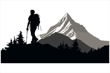 Mountain Hiking Silhouette Vector, hiking man vector, mountain hiking man vector