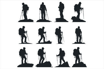 Mountain Hiking Silhouette Vector, hiking man vector, mountain hiking man vector - obrazy, fototapety, plakaty