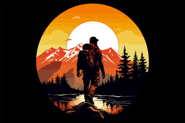 Mountain Hiking Silhouette Vector, hiking man vector, mountain hiking man vector