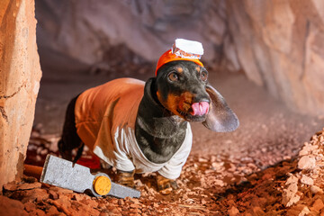Dachshund dog in helmet with flashlight, miner uniform in cave stands next to pickaxe joyfully sticks out tongue, break from hard work, the end of shift, dismissal Quest for children career guidance