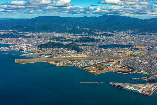 Aerial view of Matsuyama, Ehime, Japan on a clear day