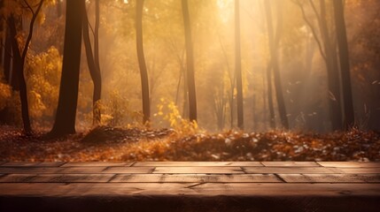 Wooden table with orange fall leaves, autumn natural background
