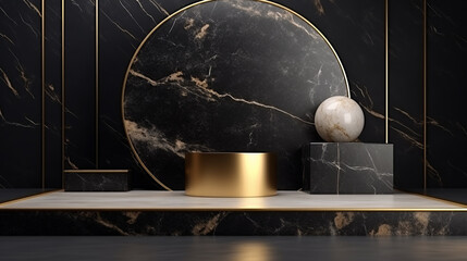 black marble and gold product stand. fashion showcase modern concept. 3d rendering