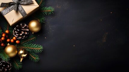 Black Luxury christmas background with gift boxes, ball and pines