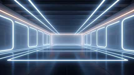 empty wall with high ceiling and long neon light 3d rendering