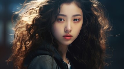 Fototapeta premium Photorealistic Teen Chinese Woman with Brown Curly Hair Futuristic Illustration. Portrait of a person in cyberpunk style. Cyberspace Ai Generated Horizontal Illustration.