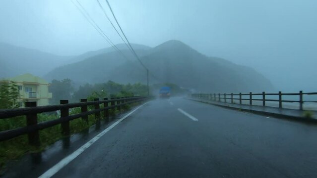 Driving In Torrential Rain In Outer Bands Of Hurricane - Haishen