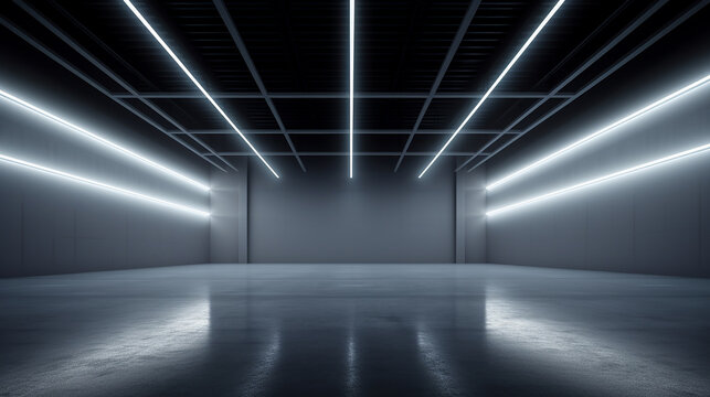 empty wall with high ceiling and long neon light 3d rendering