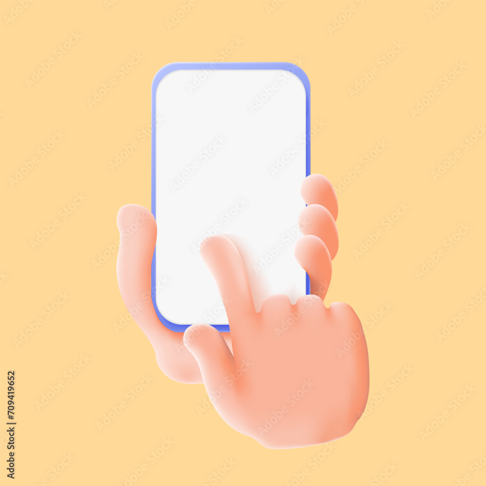 Poster 3d vector hand holding mobile phone isolated on yellow background, 3d hand using smartphone with emp