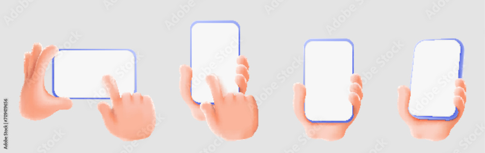 Poster set of hand holding mobile phone isolated, 3d hand using smartphone with empty screen for mockup mob