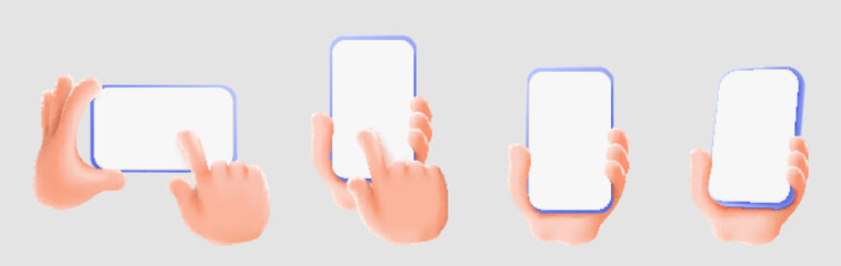 Set of hand holding mobile phone isolated, 3d Hand using smartphone with empty screen for mockup mobile concept. showcase. display minimal scene with device phone in hand. 3d vector illustration