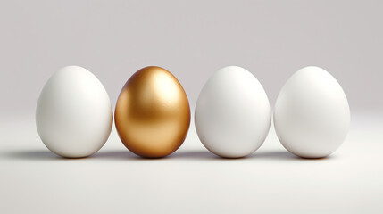 four eggs ordered in a line. three eggs white one egg gold. Leader and business concept 3d render