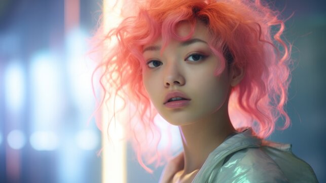 Photorealistic Teen Chinese Woman with Pink Curly Hair Futuristic Illustration. Portrait of a person in cyberpunk style. Cyberspace Ai Generated Horizontal Illustration.