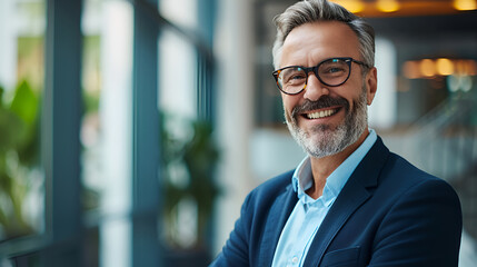 Smiling older bank manager or investor, happy middle aged business man boss ceo, confident mid adult professional businessman executive standing in office, mature entrepreneur headshot portrait - obrazy, fototapety, plakaty