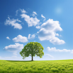 Fototapeta na wymiar tree on a field with blue sky background