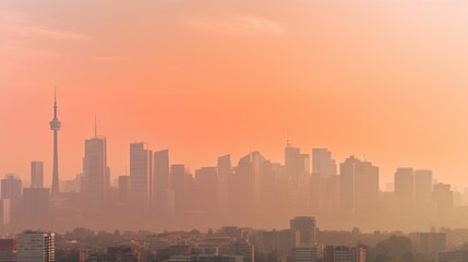 Panoramic view of the city skyline, shrouded in a hazy heatwave haze, as seen from a rooftop observation deck.