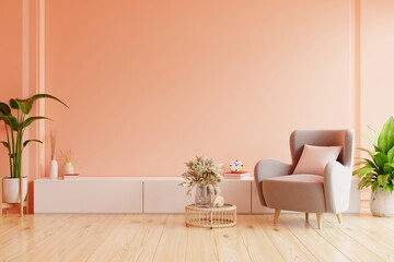 Modern living room. peach fuzz room have peach armchair with peach color paint wall