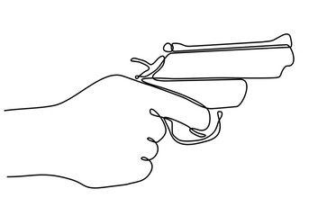 Continuous line art drawing of a hand holding a gun. One line drawing of a hand holding a gun