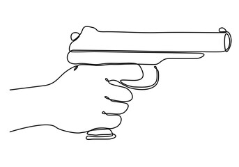 Continuous line art drawing of a hand holding a gun. One line drawing of a hand holding a gun