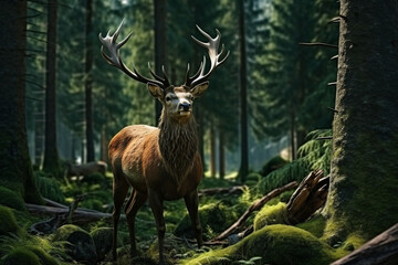 Obraz premium Deer, Cervus elaphus, with antlers growing on velvet.A huge deer in deep spruce forest. Wild animals in spring