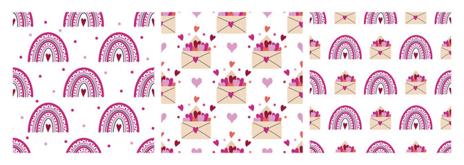 Cute pink rainbow and envelope with hearts, seamless vector pattern set. Romantic symbols of Valentines day, date, wedding. Love letter, valentine. Flat cartoon backgrounds for holiday cards, print
