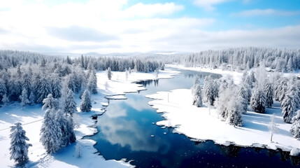 Scenic of fjord, lake and snow mountains top view, Bird eye view, In Scandinavia Winter Season, North pole, Northern Europe, Landscape