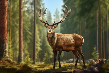 Deer, Cervus elaphus, with antlers growing on velvet.A huge deer in deep spruce forest. Wild animals in spring