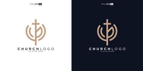 Leaf growth and church line style logo vector design - obrazy, fototapety, plakaty
